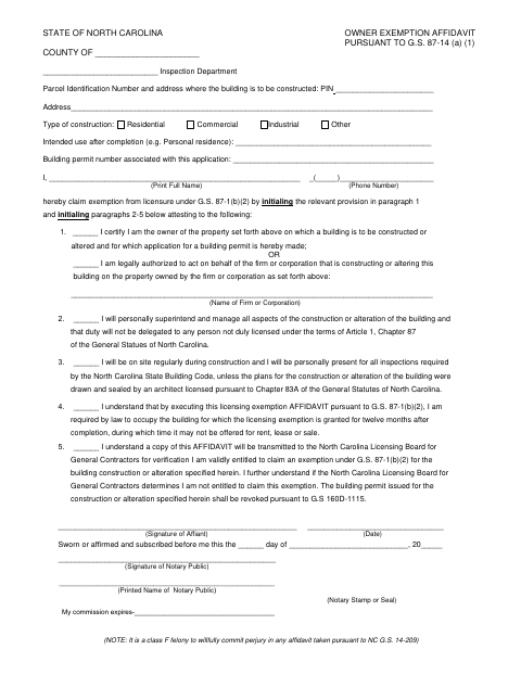 Owner Exemption Affidavit, Buncombe County form, first page