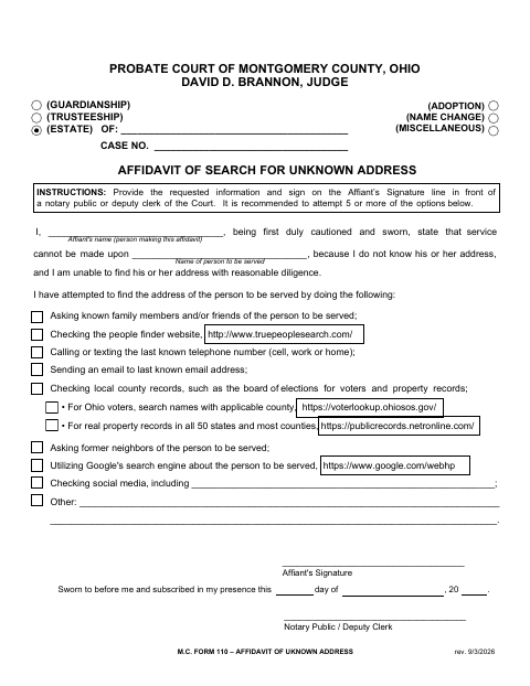 Affidavit of Search for Unknown Address, Montgomery County form, first page