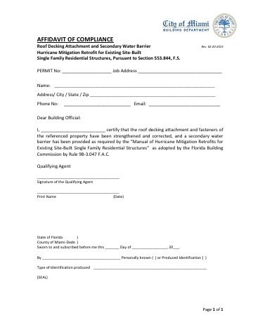 First page of the Affidavit of Compliance – Roof Decking Attachment and Secondary Water Barrier