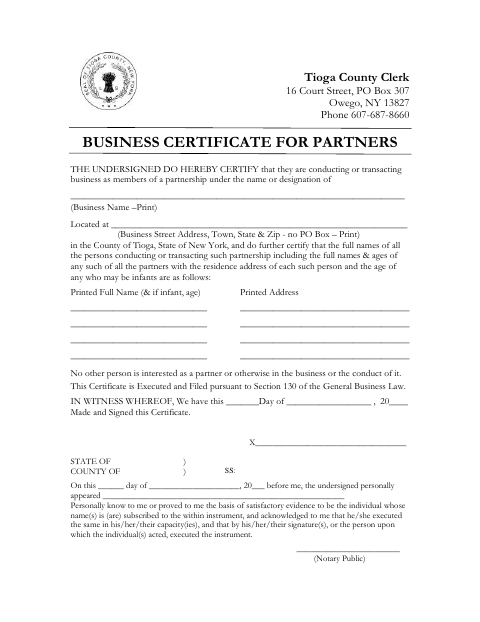 Business Certificate for Partners, Tioga County form, first page