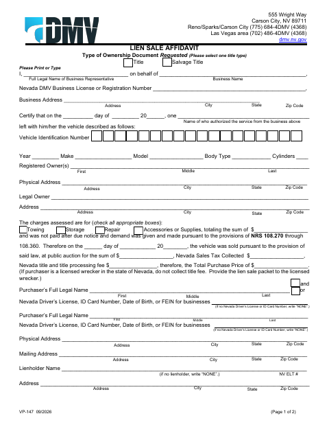 VP-147 Lien Sale Affidavit first page