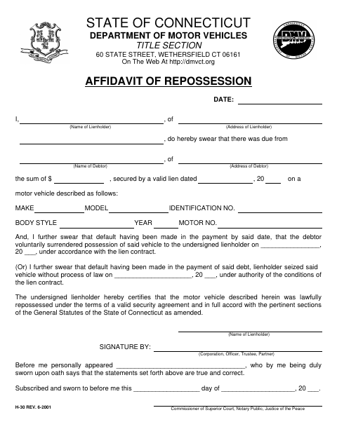 Affidavit of Repossession H-30 first page