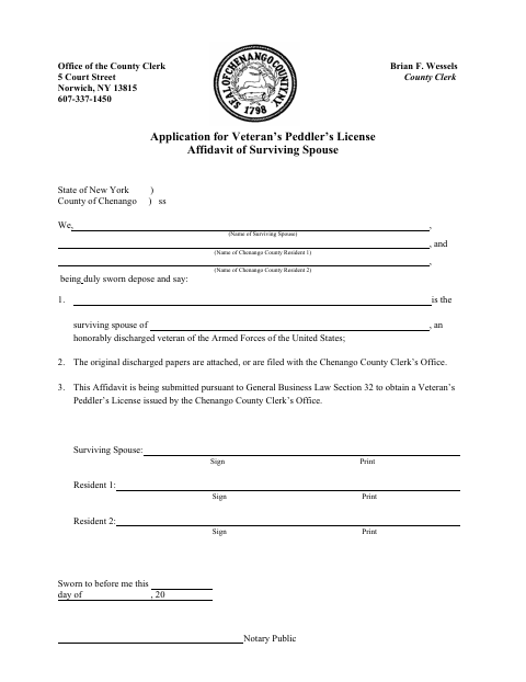Veteran’s Peddler’s License Affidavit of Surviving Spouse, Chenango County form, first page