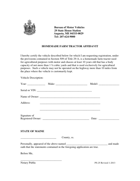 PS-25 Homemade Farm Tractor Affidavit first page