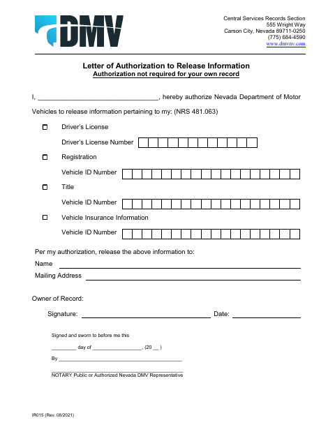 IR015 Letter of Authorization to Release Information first page