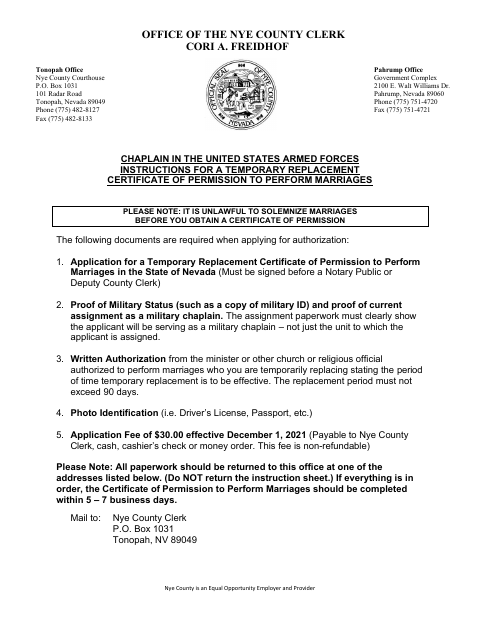 Armed Forces Chaplain Application for Temporary Replacement Certificate of Permission to Perform Marriages, Nye County form, first page