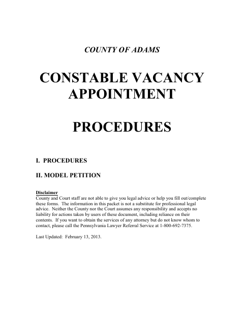 Constable Vacancy Petition, Adams County form, first page