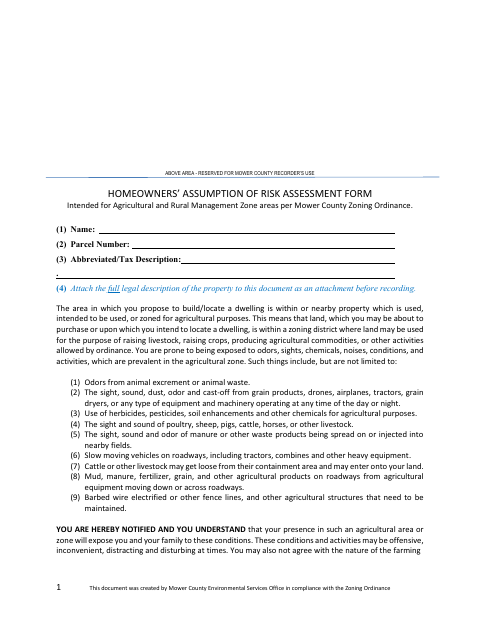Homeowners’ Assumption of Risk Assessment Form, Mower County form, first page
