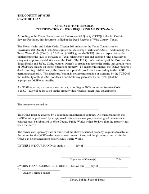 Affidavit to the Public Certification of OSSF Requiring Maintenance, Wise County form, first page