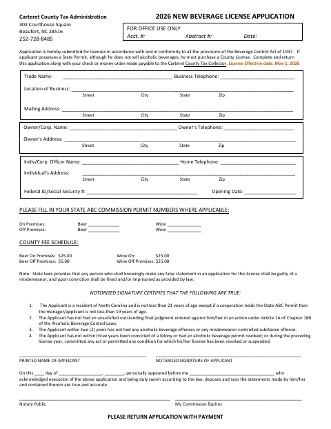 New Beverage License Application, Carteret County form, first page