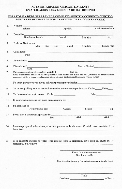 First page of the Absent Applicant Marriage License Affidavit
