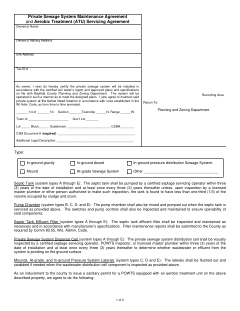 Private Sewage System Maintenance and Aerobic Treatment Servicing Agreement, Bayfield County form, first page