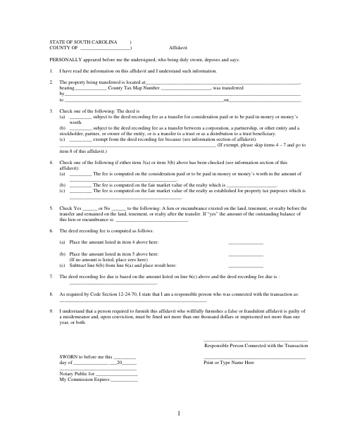 Affidavit Of Consideration, York County form, first page