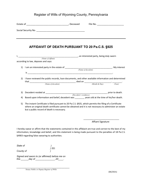 Affidavit Of Death, Wyoming County form, first page