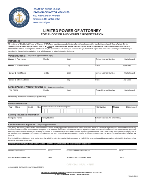 Limited Power of Attorney for Rhode Island Vehicle Registration first page