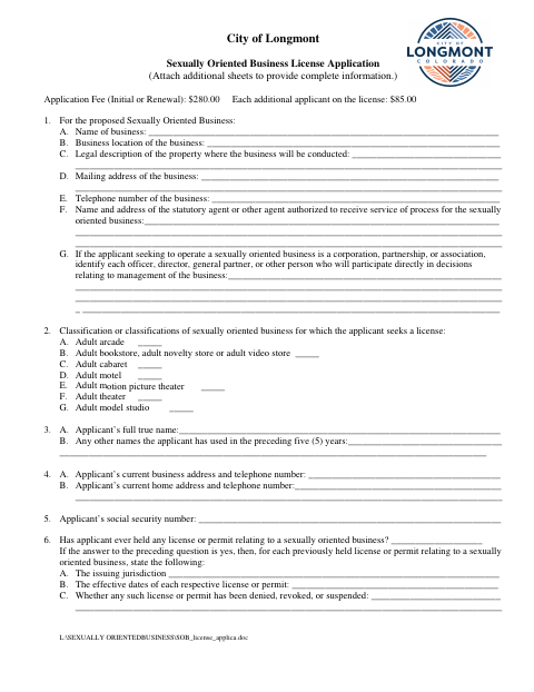 First page of the Sexually Oriented Business License Application