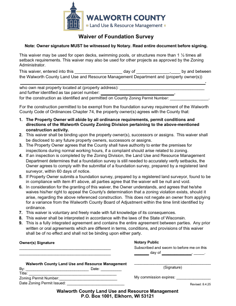 Waiver of Foundation Survey, Walworth County form, first page