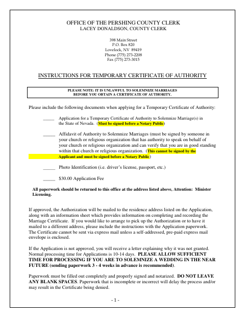 Application for a Temporary Certificate of Authority, Pershing County form, first page
