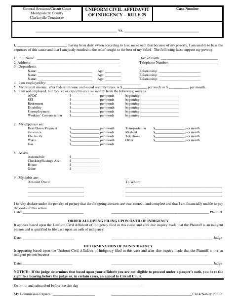 Uniform Civil Affidavit of Indigency, Montgomery County form, first page