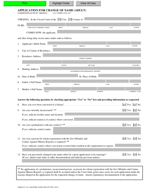 Application for Change of Name (Adult), Montgomery County form, first page