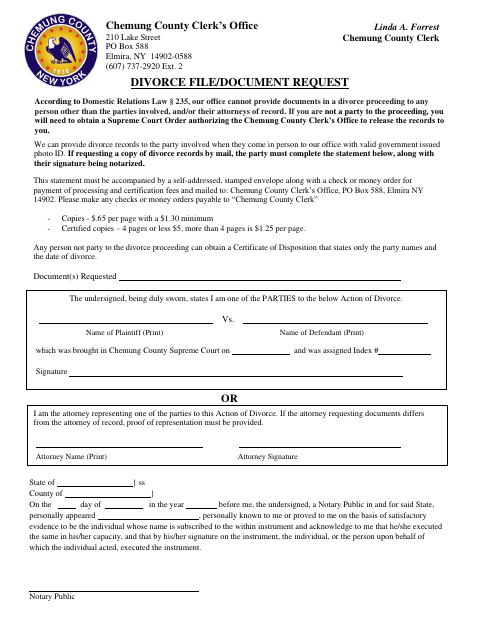 Divorce File or Document Request, Chemung County form, first page