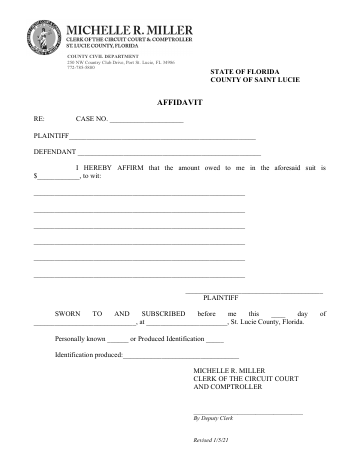 Affidavit of Amount Due - St. Lucie County Clerk — St. Lucie County form, first page