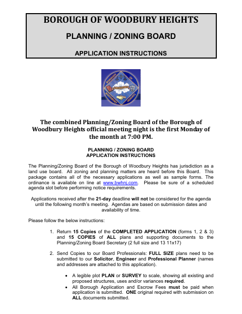 First page of the Planning/Zoning Board Application Package