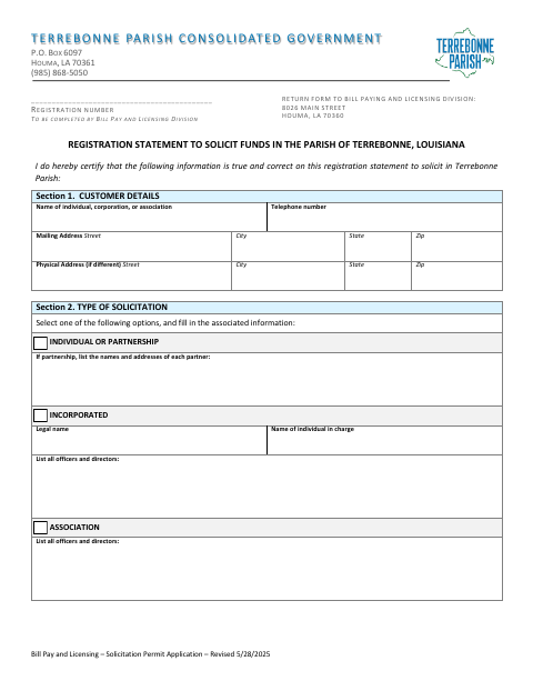 Registration Statement to Solicit Funds, Terrebonne Parish form, first page