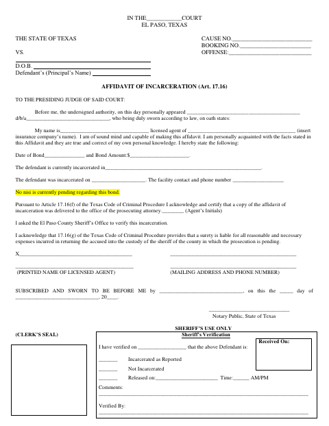 Affidavit of Incarceration, El Paso County form, first page