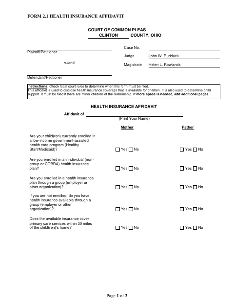 Health Insurance Affidavit, Clinton County form, first page