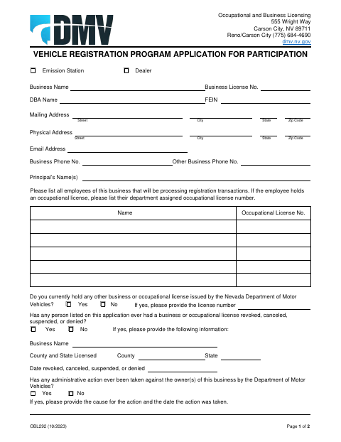 OBL292 Vehicle Registration Program Application first page