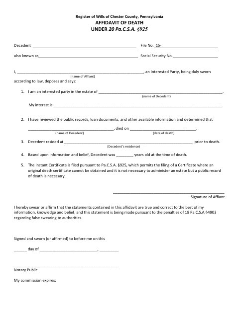Affidavit of Death, Chester County form, first page