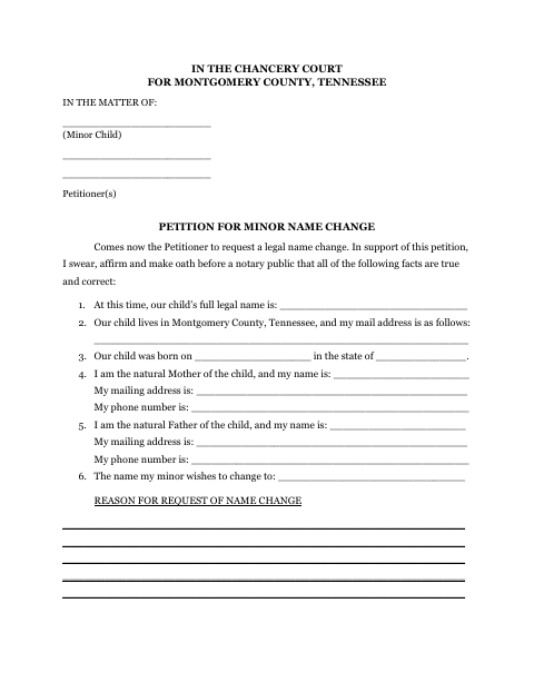 Petition for Minor Name Change, Montgomery County form, first page