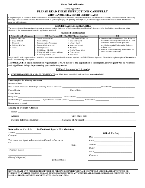 Death Certificate Request, Deer Lodge County form, first page