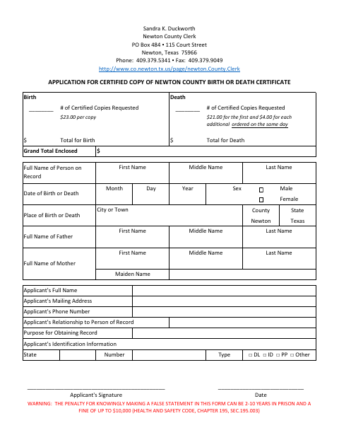 Application for Certified Copy of Birth or Death Certificate, Newton County form, first page