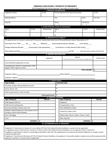Financial Disclosure Affidavit of Indigency, Miami County form, first page