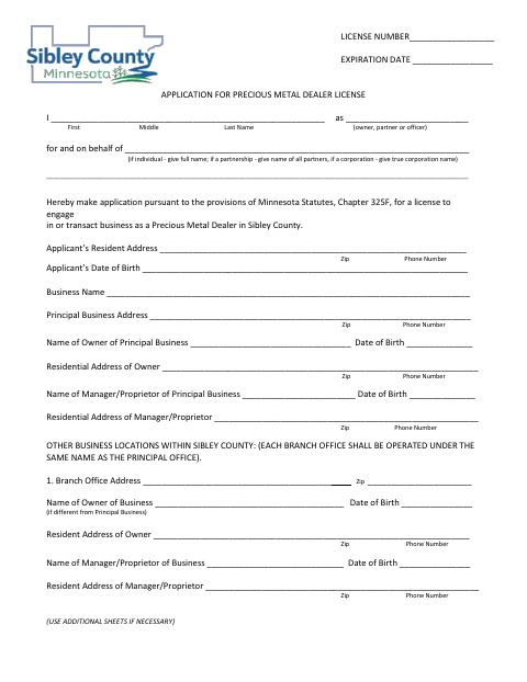 Application for Precious Metal Dealer License, Sibley County form, first page