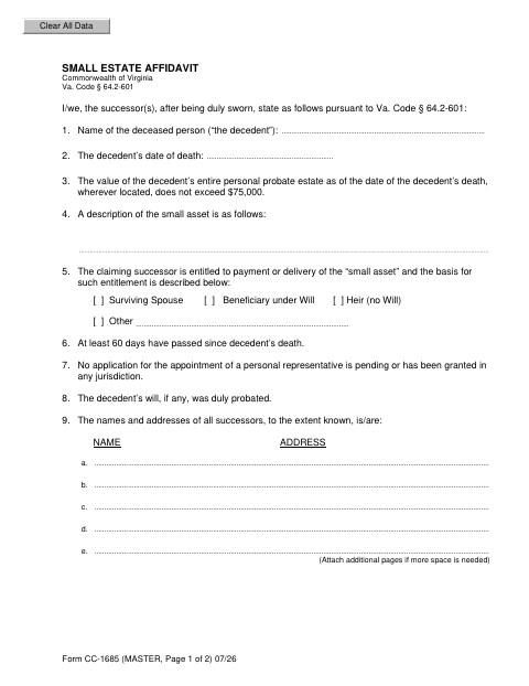 Small Estate Affidavit, City of Newport News form, first page