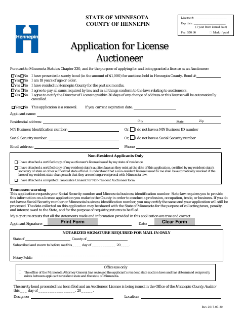 Application for Auctioneer License, Hennepin County form, first page