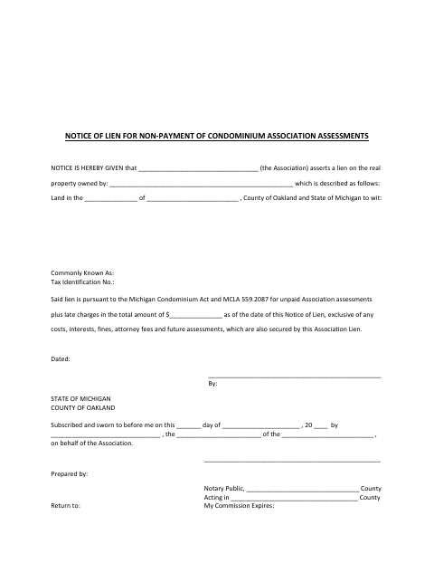 Notice of Lien for Non-Payment of Condominium Association Assessments, Oakland County form, first page