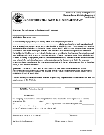 NONRESIDENTIAL FARM BUILDING AFFIDAVIT — Palm Beach County form, first page
