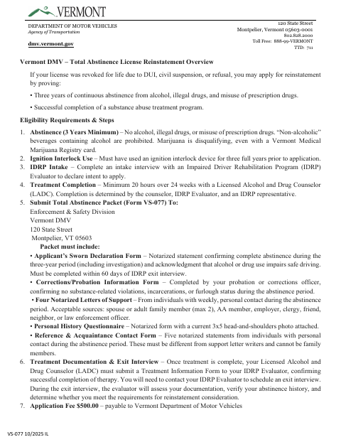 VS-077 Total Abstinence Reinstatement Application Packet first page