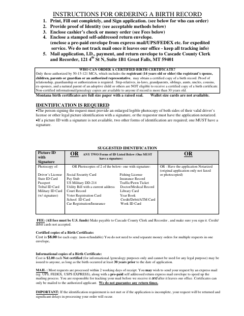 Birth Certificate Application, Cascade County form, first page