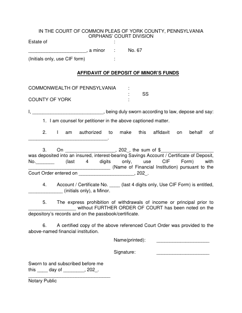 Affidavit of Deposit of Minor’s Funds, York County form, first page