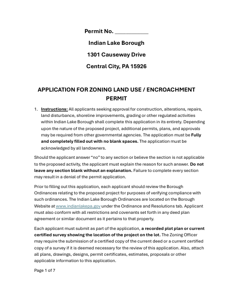 First page of the Zoning Land Use and Encroachment Permit Application