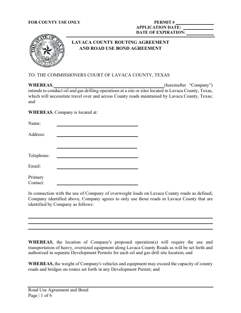 Road Use Agreement and Bond, Lavaca County form, first page