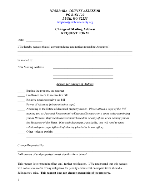 Change of Mailing Address Request Form, Niobrara County form, first page