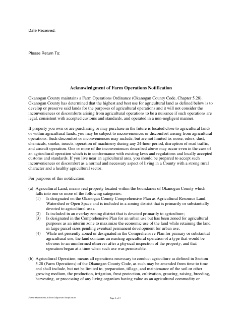 Farm Operations Notification Acknowledgment, Okanogan County form, first page