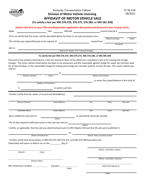 TC 96-159 Affidavit of Motor Vehicle Sale first page