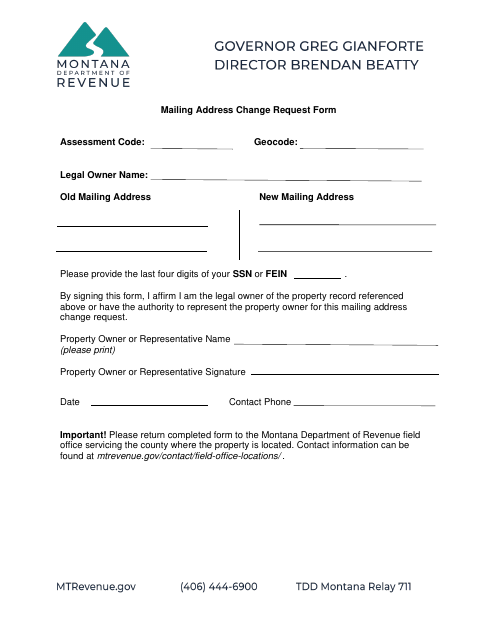 First page of the Mailing Address Change Request Form